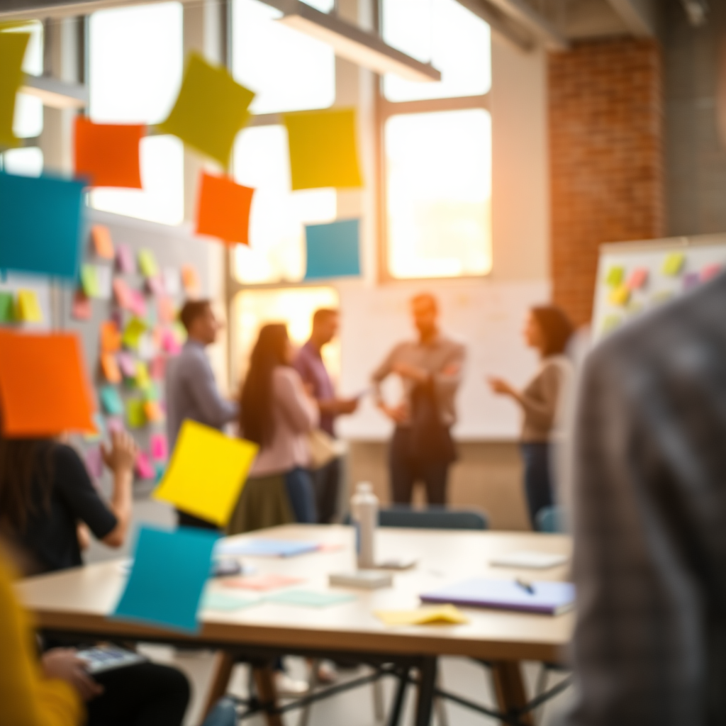 A brightly lit, open workspace with colorful sticky notes and whiteboards covered in ideas, with blurred figures of team members collaborating in the background. The image should convey energy, innovation, and the collaborative spirit of brainstorming sessions. Use dynamic angles and vibrant colors to capture the creative atmosphere.