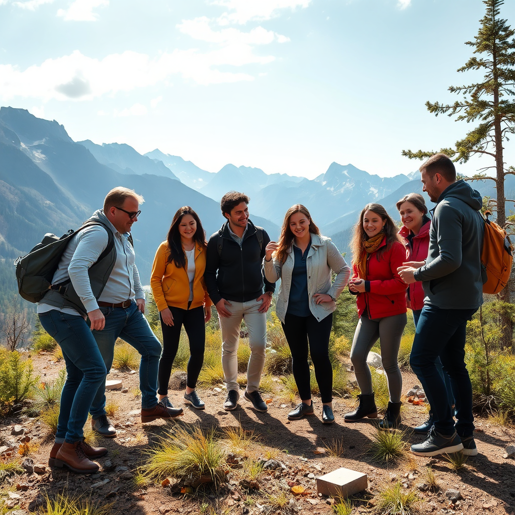 A group of diverse professionals participating in a team-building exercise outdoors in a scenic mountain setting. The image should convey collaboration, camaraderie, and the energy of a successful team. Use dynamic angles and natural lighting to capture the spirit of the activity.